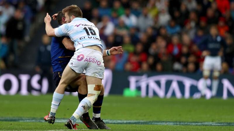 Robbie Henshaw and Louis Dupichot of Racing 92 clash heads. Photograph: Dan Sheridan/Inpho