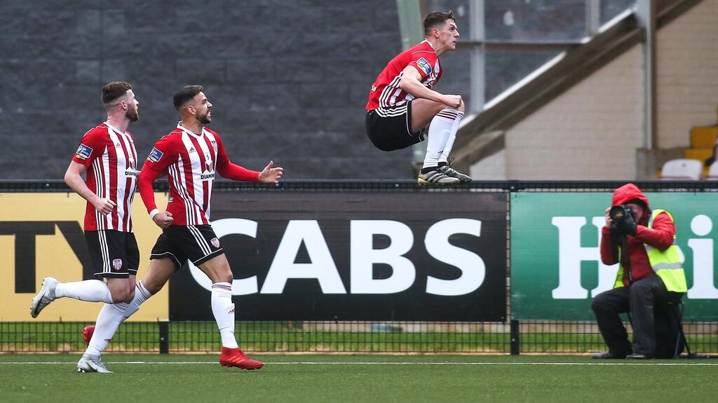 Derry’s Eoin Toal celebrates scoring their first goal during the SSE Airtricity League Premier Division match against Cork City at the Ryan McBride Brandywell Stadium. Photograph: Lorcan Doherty/Inpho