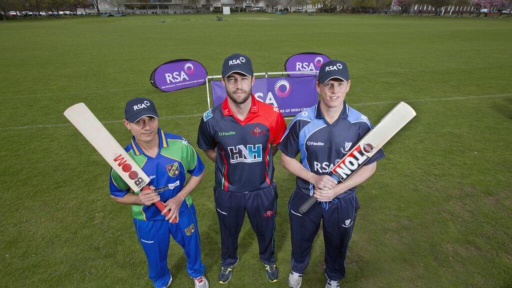Iftikhar Hussain (North West Warriors), Nigel Jones (Northern Knights) and Kevin O’Brien (Leinster Lightning) at the launch of the the new RSA Inter-Provincial Series. Photograph: Inpho