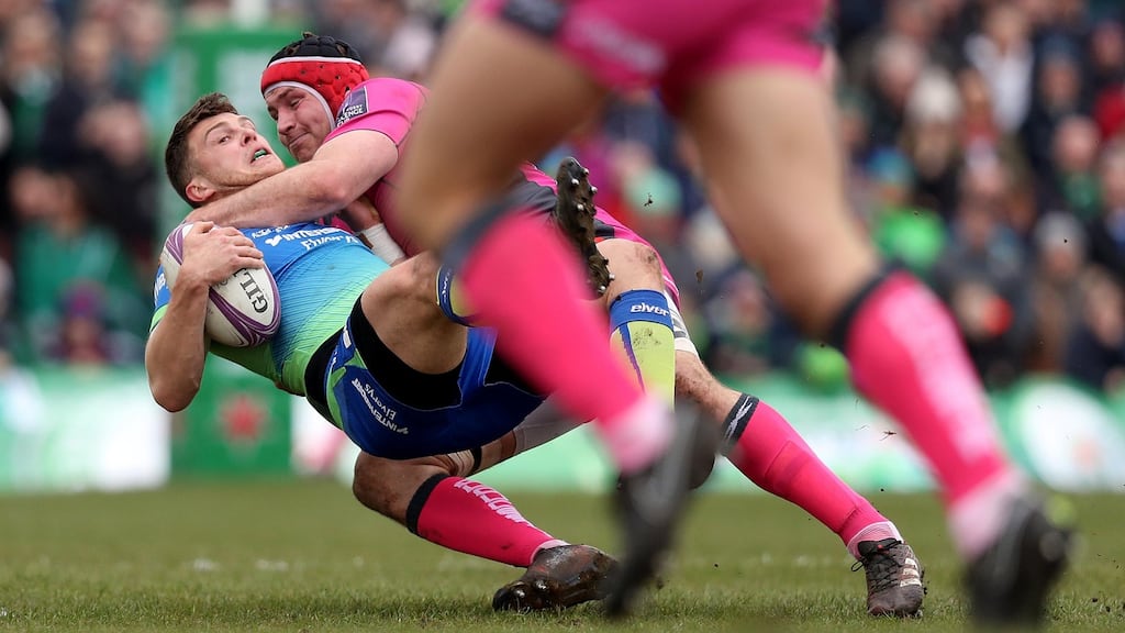 Connacht’s Tom Farrell is tackled by Gloucester’s Ben Morgan. Photograph: Tommy Dickson/Inpho