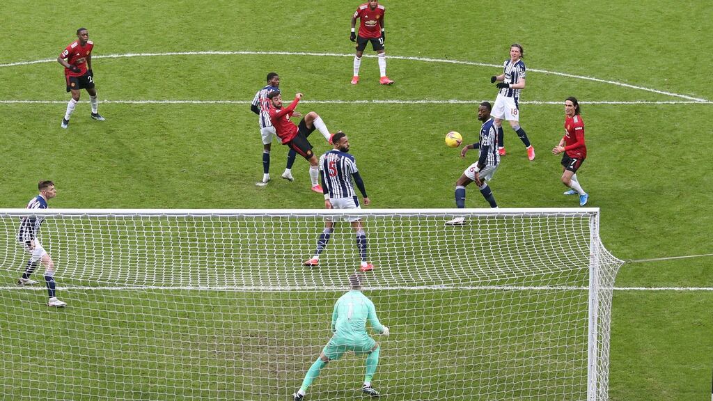 Bruno Fernandes of Manchester United scores his team’s equaliser during the Premier League match against West Bromwich Albion at the Hawthorns. Photo: Michael Steele/EPA
