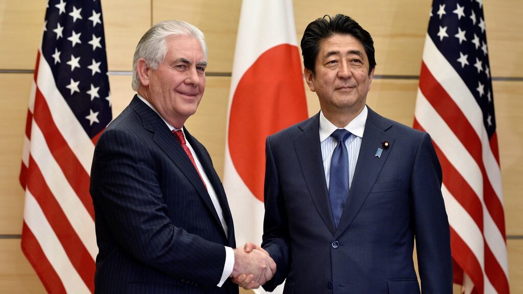 US secretary of state Rex Tillerson and Japanese prime minister Shinzo Abe in Tokyo, Japan, on March 16, 2017. Photograph: Franck Robichon/Reuters