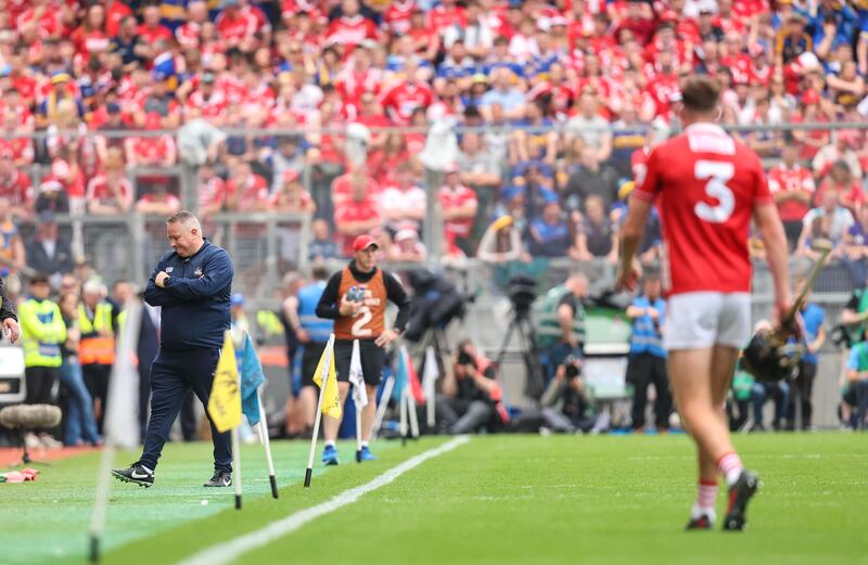 Cork manager Pat Ryan looks away after Eoin Downey is sent off. Photograph: Bryan Keane/Inpho