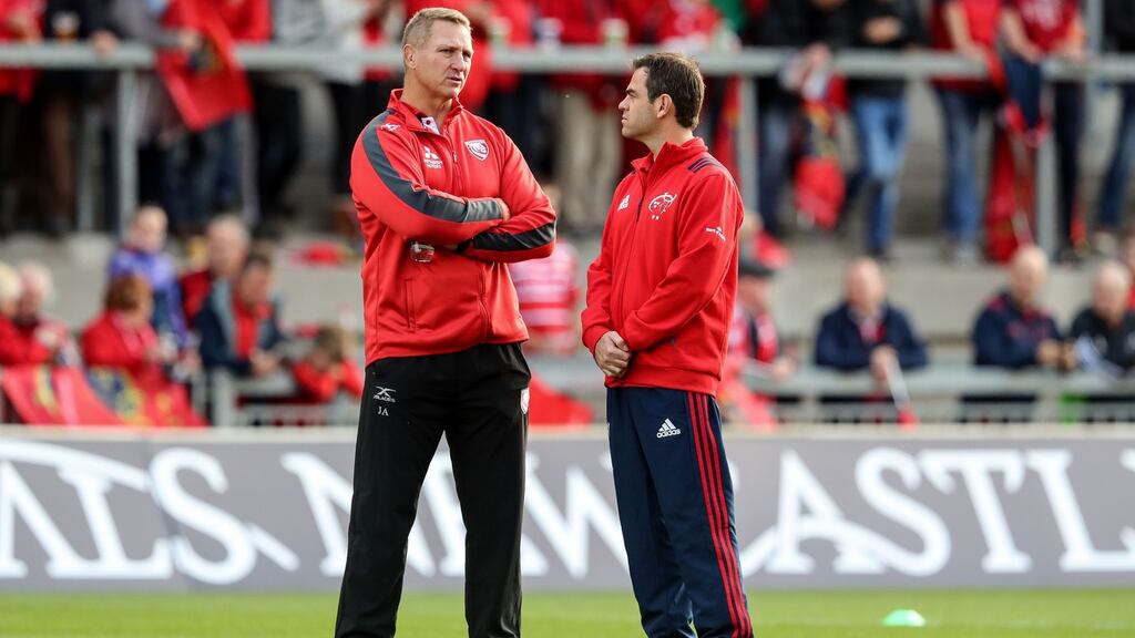 Gloucester head coach Johan Ackermann with Munster coach Johann van Graan. Photograph: Ryan Byrne/Inpho