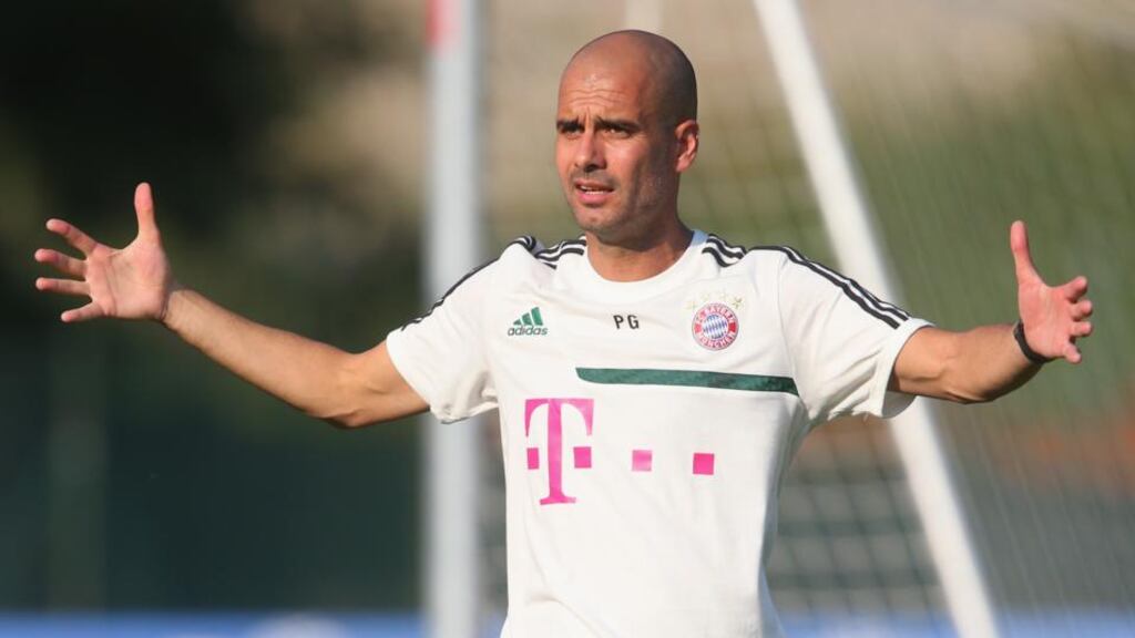 Pep Guardiola, head coach of FC Bayern directed a lot of anger at his old club.  Photograph: Alexander Hassenstein/Bongarts/Getty Images