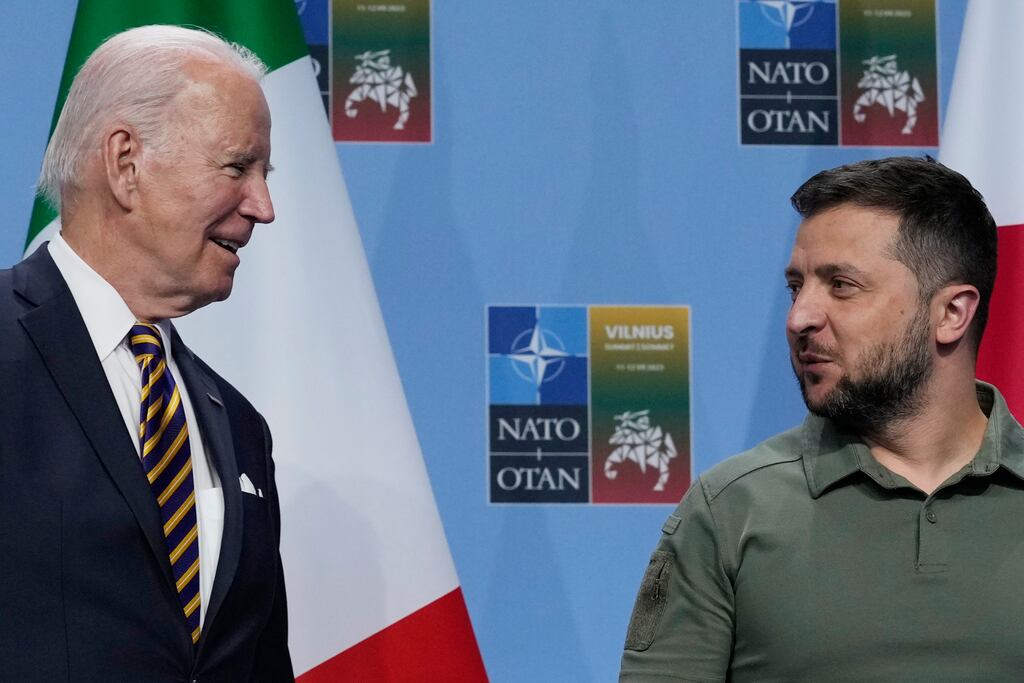 Joe Biden and Volodymyr Zelenskiy speaking at the Nato summit in Vilnius on Wednesday, Photograph: Susan Walsh/AP
