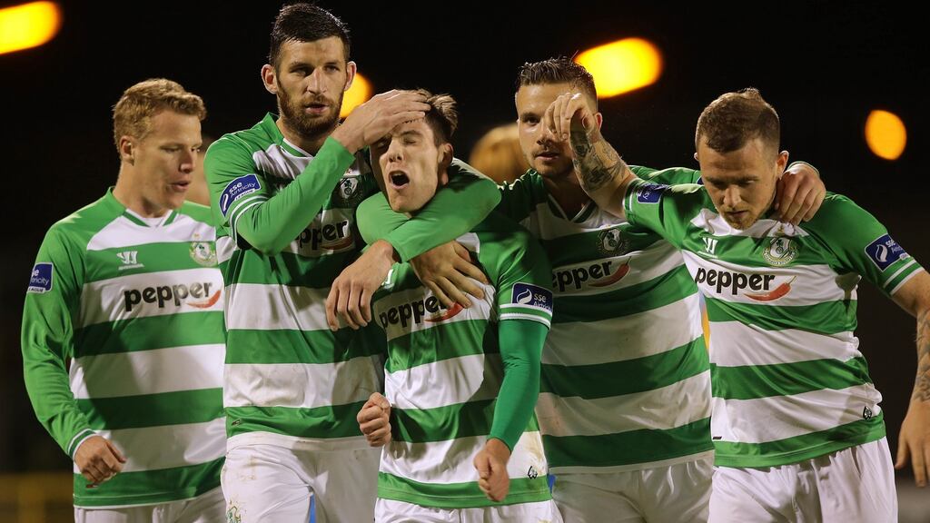 Shamrock Rovers players congratulate Brandon Miele after he scored the second goal in the SSE Airtricity League Premier Division win over Galway United at Tallaght Stadium. Photograph: Morgan Treacy/Inpho