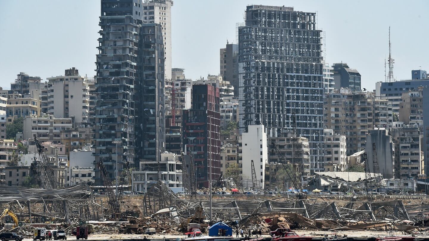 A view of the destroyed port area days after explosions hit Beirut port. Photograph: EPA