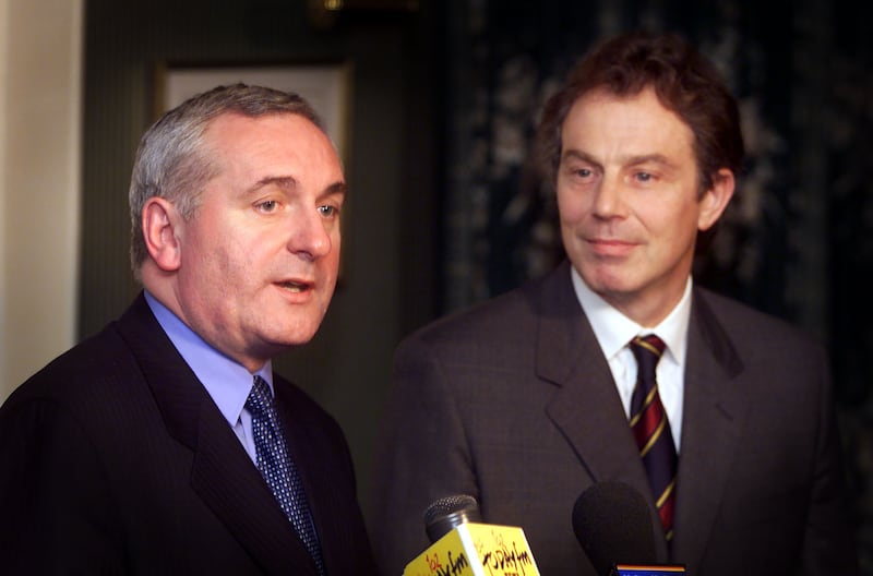 Irish Taoiseach Bertie Ahern and British Prime Minister Tony Blair attend a press conference before conducting talks on Northern Ireland in 2000. Photograph: Peter Macdiarmid/ Getty Images