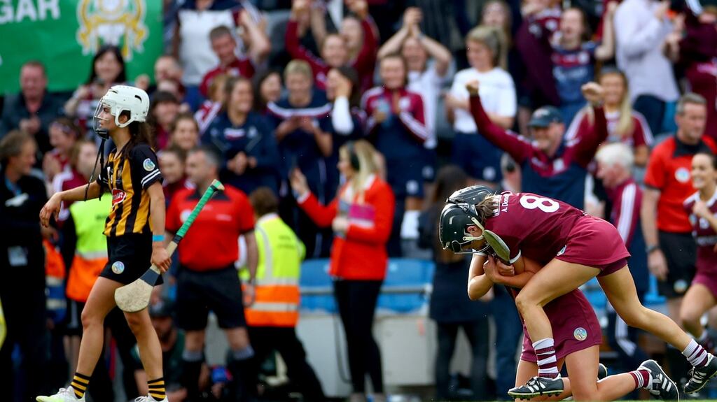 Galway’s Niamh Kilkenny and Aoife Donohue celebrate at the final whistle as they won the All-Ireland senior camogie championship title. Photo: James Crombie/Inpho