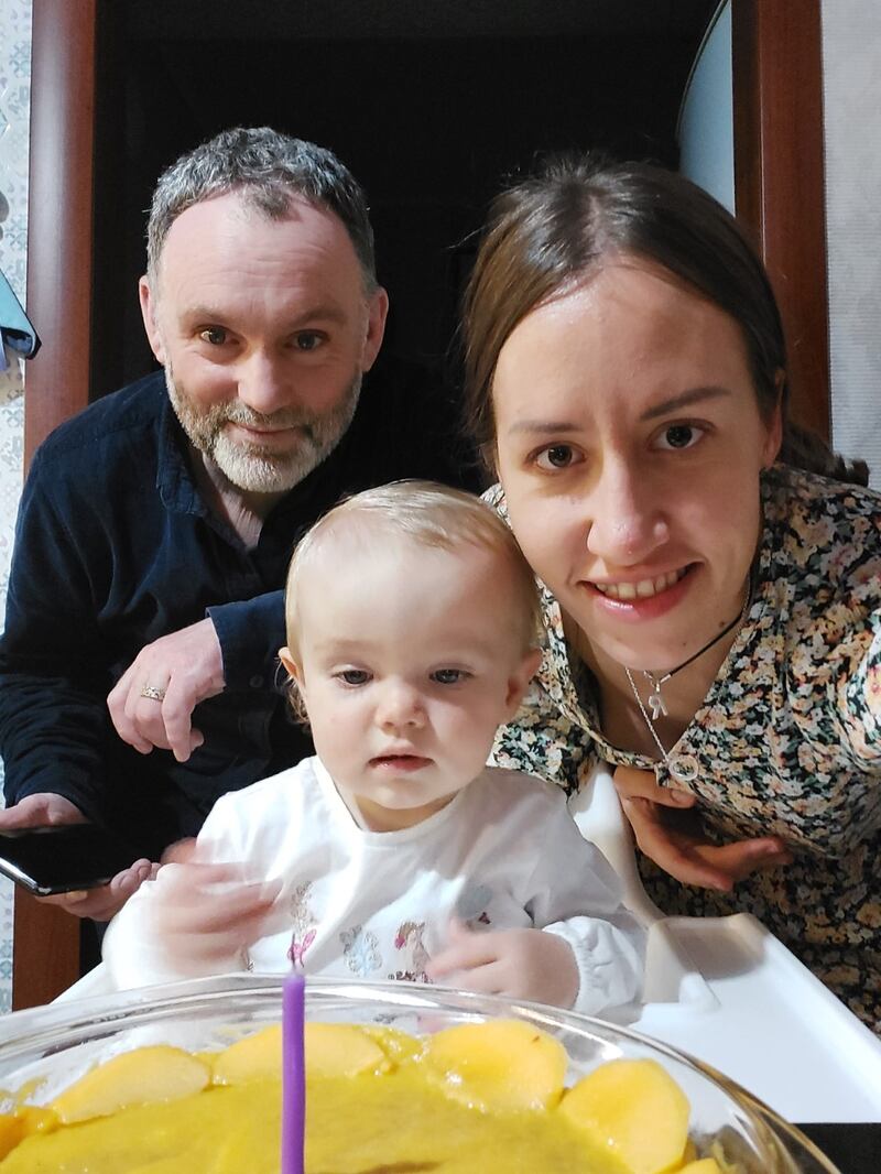 Ronan Goggin with his daughter, Nellie, and wife, Sasha. The photograph was taken last year in Sasha’s parents’ apartment in Pozniky, Kyiv