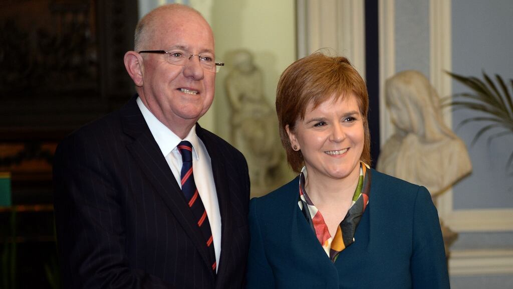 Minster for Foreign Affairs and Trade Charlie Flanagan with Scotland’s first minister Nicola Sturgeon in Dublin. Photograph: Eric Luke