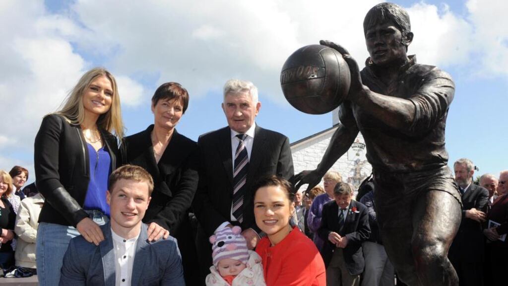 Páidí Ó Sé’s family, Neasa, Siun, Maire and Pádraig Óg with Mick O’Dwyer at the unveiling ceremony at Ard a Bhóthair, Ventry,  on Saturday. Photograph: Don MacMonagle