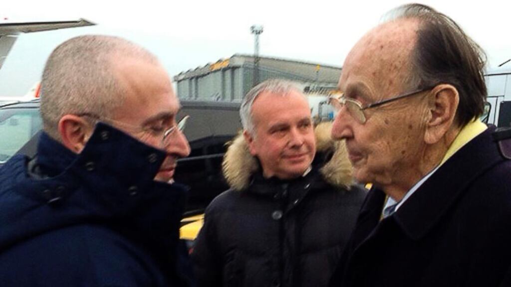 Hans-Dietrich Genscher (right) of the liberal Free Democratic Party (FDP) welcomes Russian former oil tycoon Mikhail Khodorkovsky at Berlin’s Schonefeld airport, in this handout photograph. Khodorkovsky left Russia for Germany after his release from prison today following a presidential pardon, the Russian federal prison service said. Photograph: khodorkovsky.ru/Handout/Reuters