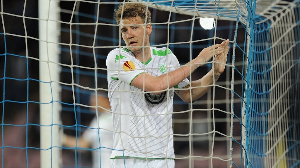 VfL Wolfsburg’s former Arsenal forward Nicklas Bendtner could be on his way back to the English Premier League. Photograph: Getty Images.