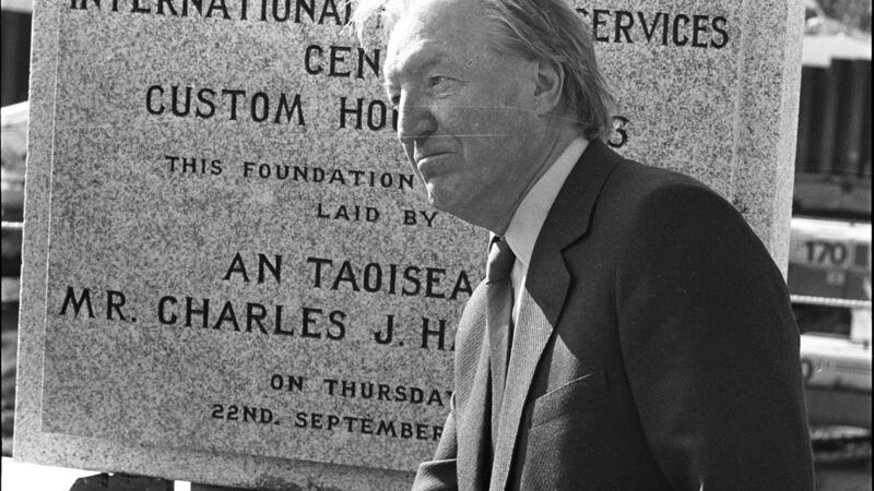 Taoiseach Charles Haughey laying the foundation stone of the International Financial Services Centre (IFSC) at Custom House Dock, Dublin, in September 1988. Photograph: Pat Langan