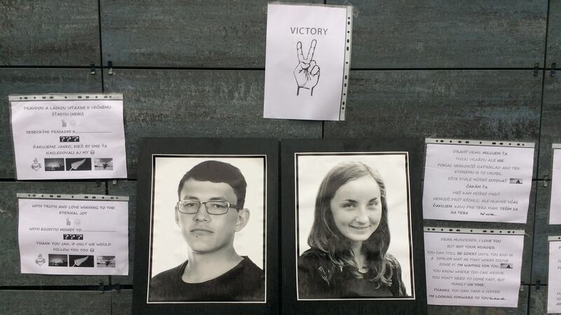 Candles and messages for Slovak investigative reporter Jan Kuciak and his girlfriend Martina Kusnirova  who were murdered last month. Photograph: Daniel McLaughlin