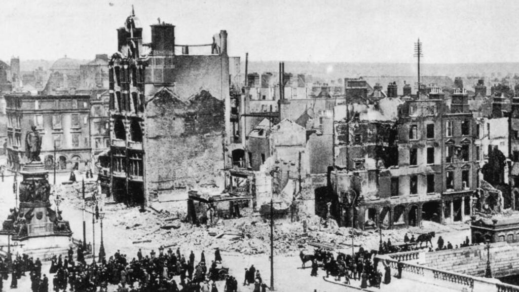 The bombed buildings at the corner of Sackville street and Eden Quay on the banks of the Liffey in Dublin. The buildings were shelled by the British admiralty gunboat, the Helga, during the Easter Rising. Photograph: Hulton Archive/Getty Images