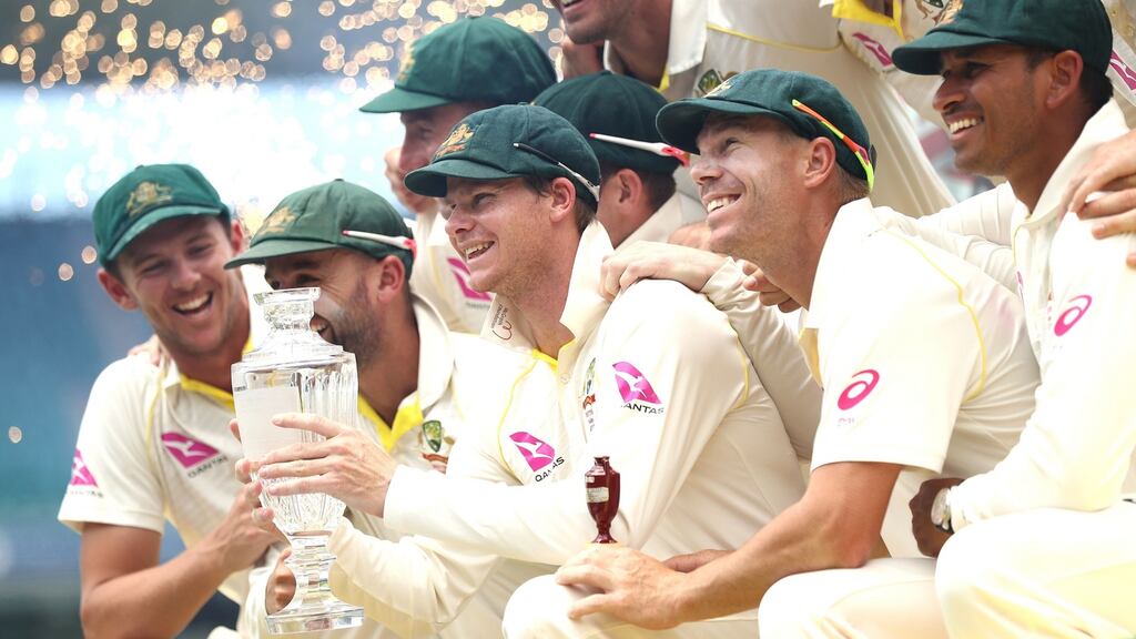 Steve Smith of Australia lifts the Ashes Trophy during day five of the Fifth Test match at Sydney Cricket Ground. Photograph: Ryan Pierse/Getty Images