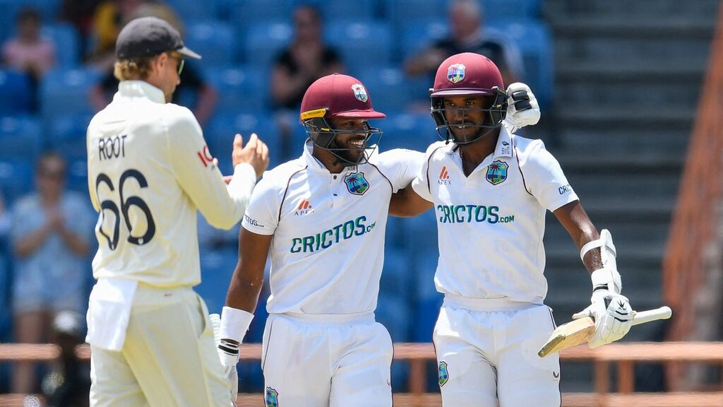 West Indies batters John Campbell and Kraigg Brathwaite celebrate winning the third Test against England at Grenada National Cricket Stadium in Saint George’s. Photograph: Randy Brooks/AFP via Getty Images