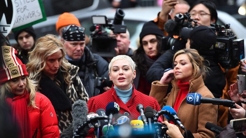 Rose McGowan speaks during a press conference on January 6th after Harvey Weinstein arrived at State Supreme Court in Manhattan on the first day of his criminal trial. Photograph: Johannes Eisele/AFP via Getty Images.