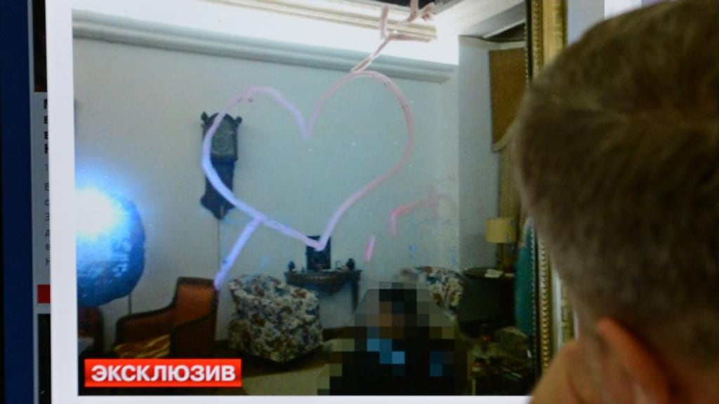 A mirror in the Moscow apartment of Dutch diplomat Onno Elderenbosch on which attackers drew a heart and the letters “LGBT” (lesbian, gay, bisexual and transgender) in lipstick. The incident comes amid growing tensions between Russia and the Netherlands over the arrest of the 30 crew members of a Dutch-flagged Greenpeace vessel. Photograph: AFP/Getty Images