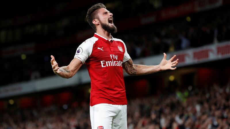 Arsenal’s Olivier Giroud celebrates scoring the winning goal. Photograph: Paul Childs/Reuters