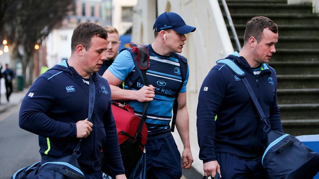 Leinster’s Bryan Byrne, Garry Ringrose and Ed Byrne arrive for their encounter with Southern Kings last month. Photo: Gary Carr/Inpho
