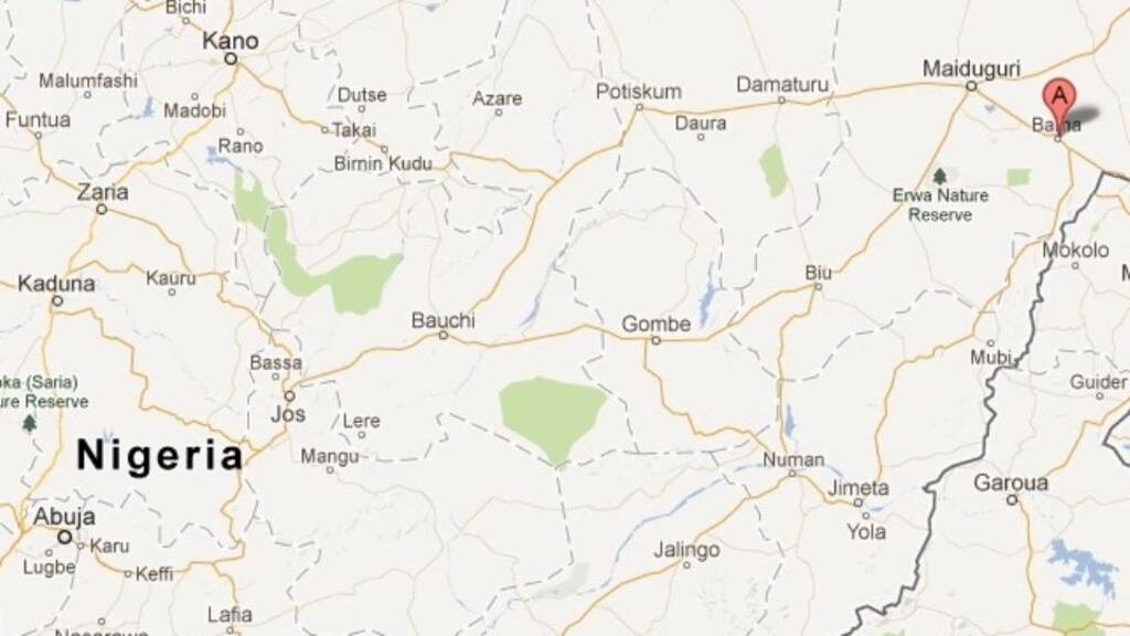 The Nigerian military said 55 people were killed in a raid in the northeastern town of Bama (A on map) today. Image: Google Maps.