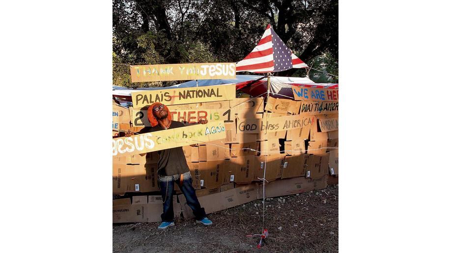Louissant Banningchton at his makeshift home in the Pétionville camp. Photographs: Brenda Fitzsimons
