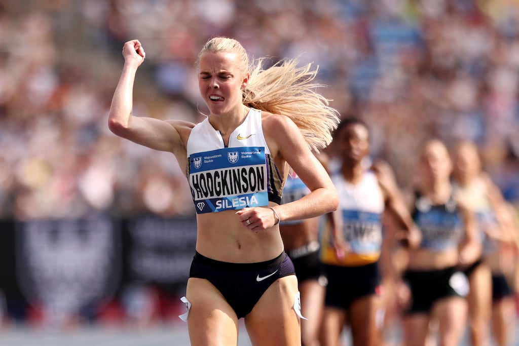 Keely Hodgkinson of Team GB wins the Women's 800m race at Silesian Stadium, Poland, on August 16. Photograph: Maja Hitij/Getty