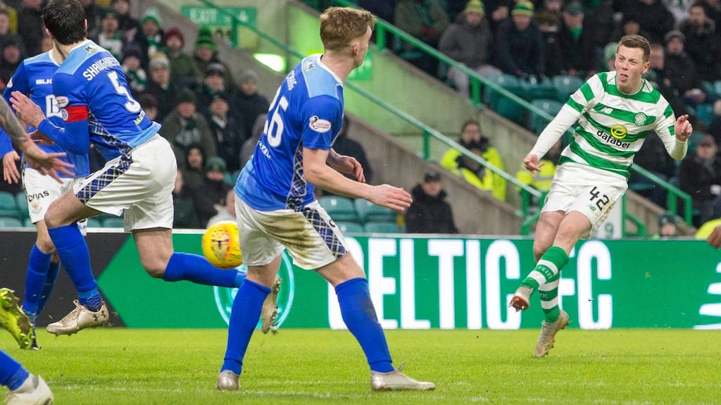 Celtic’s Callum McGregor scores his side’s first goal of the game during the  Scottish Premiership match against St Johnstone  at Celtic Park. Photograph:   Jeff Holmes/PA Wire