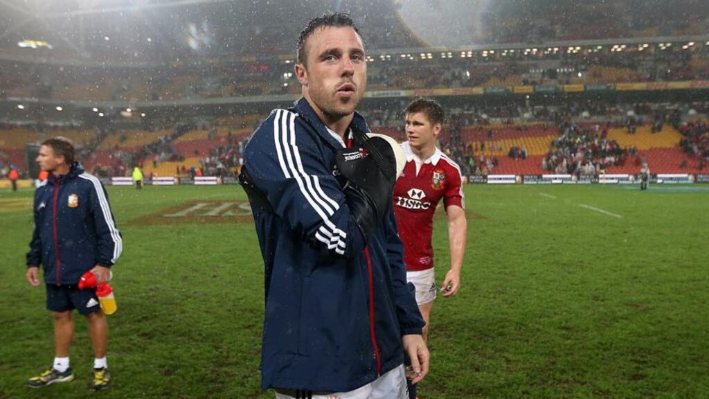 British and Irish Lions’ Tommy Bowe has his damaged arm in a sling following the victory over the Queensland Reds at the Suncorp stadium. Photograph: David Davies/PA Wire.