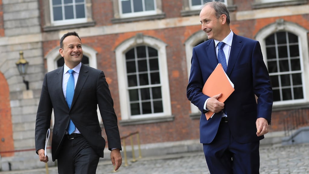 Tánaiste Leo Varadkar and Taoiseach Micheál Martin. Combined with in excess of €2 billion in loan guarantees, the total stimulus package amounts to some €7.4 billion, officials said. Photograph: Julien Behal Photography