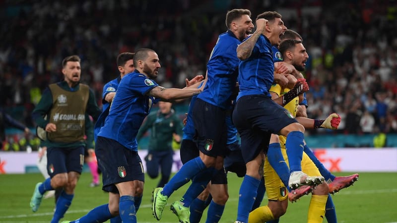 Italy’s players celebrate winning Euro 2020. Photograph: Laurence Griffiths/PooL/AFP via Getty