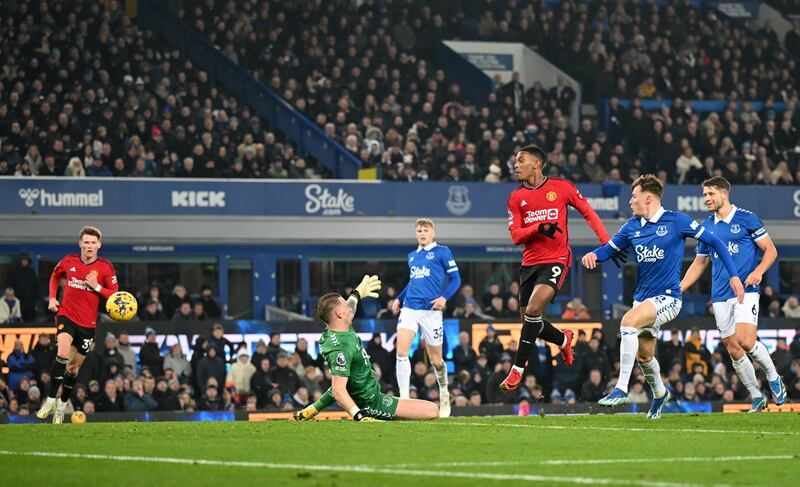 Anthony Martial of Manchester United scores against Everton. Photograph: Michael Regan/Getty