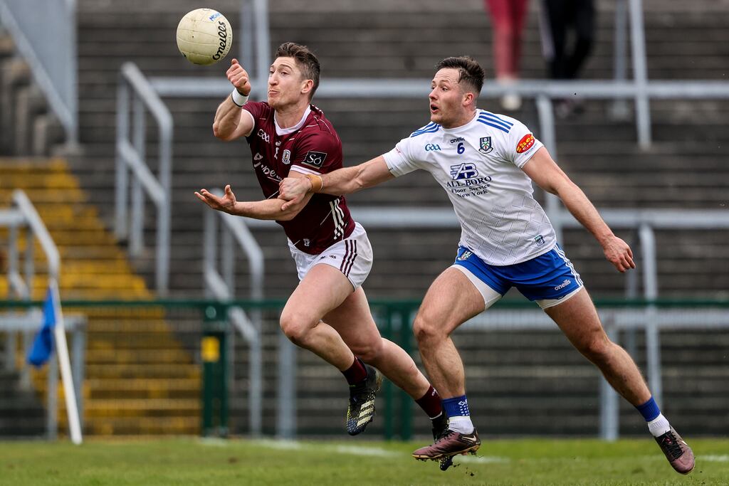 Galway's Johnny Heaney with Dessie Ward of Monaghan. Photograph: Ben Brady/Inpho