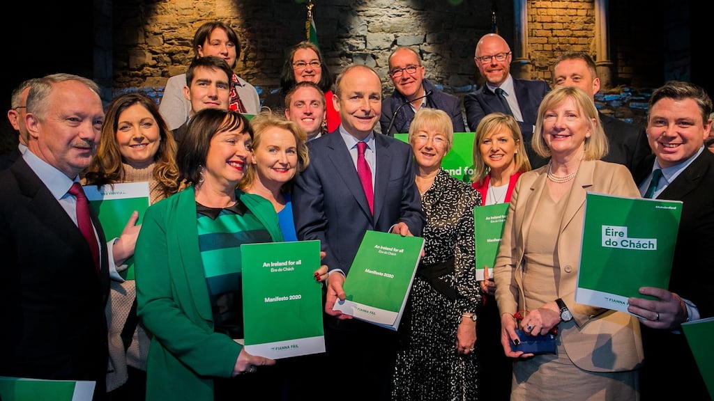 Fianna Fáil leader Micheál Martin and candidates at the launch of the party’s general election manifesto at Smock Alley Theatre, Dublin. Photograph: Gareth Chaney/Collins