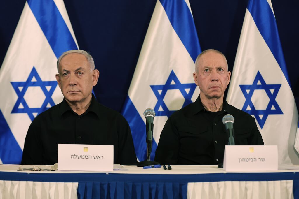 Israel's prime minister Binyamin Netanyahu with defence minister Yoav Gallant at a press conference in Tel Aviv last week. Photograph: Abir Sultan/EPA