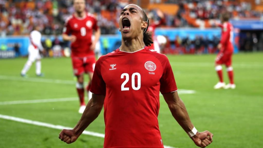 Yussuf Poulsen celebrates scoring Denmark’s goal during the World Cup Group C match against Peru at Mordovia Arena in Saransk. Photograph: Clive Mason/Getty Images