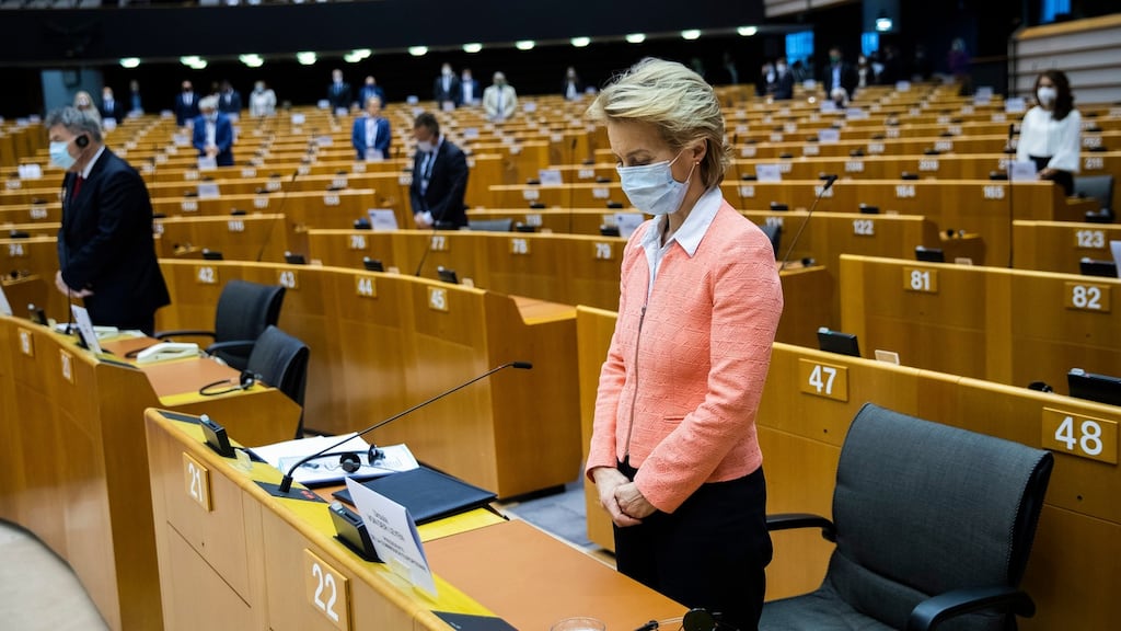 European Commission president Ursula von der Leyen observes a minute of silence along with European Parliament members in honour of George Floyd. Photograph: Francisco Seco