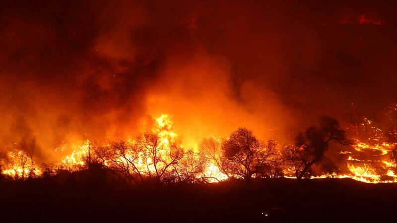 The Lilac Fire, a fast moving wildfire, continues to burn in Bonsall, California, US, December 7th, 2017. Photograph: Mike Blake/Reuters