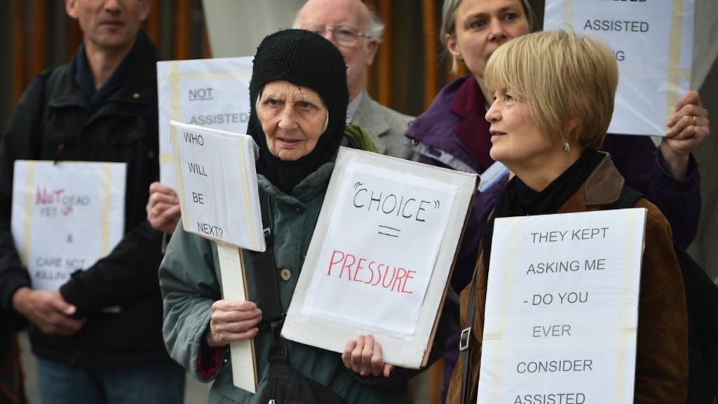 Katherine Perlo (77) campaigns against the proposed legislation to allow assisted suicide in Scotland at a rally outside the Scottish parliament today. Photograph: Jeff J Mitchell/Getty Images
