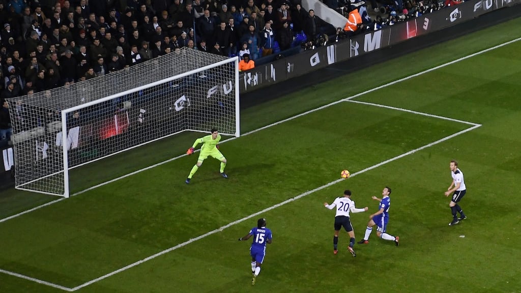 Tottenham’s Dele Alli heads home the first of his two goals as his side overcame Chelsea at White Hart Lane. Photograph: Mike Hewitt/Getty Images