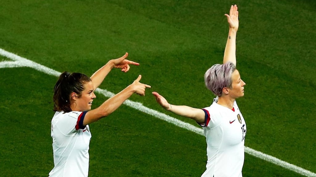 Megan Rapinoe (right)  of the USA celebrates with her team-mate Kelly O’Hara  after scoring her second goal  in the  Women’s World Cup quarter-final against France  at the Parc des Princes. Photograph: Ian Langsdon/EPA