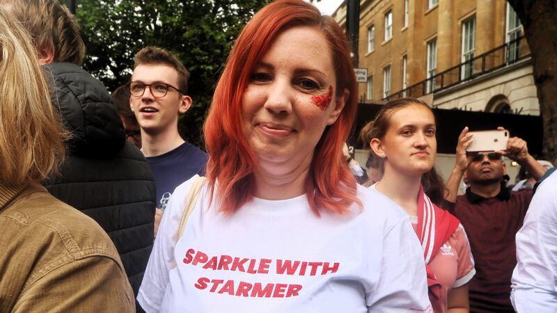 Labour party worker Julia Rockett outside Downing Street after the victory in the general election.