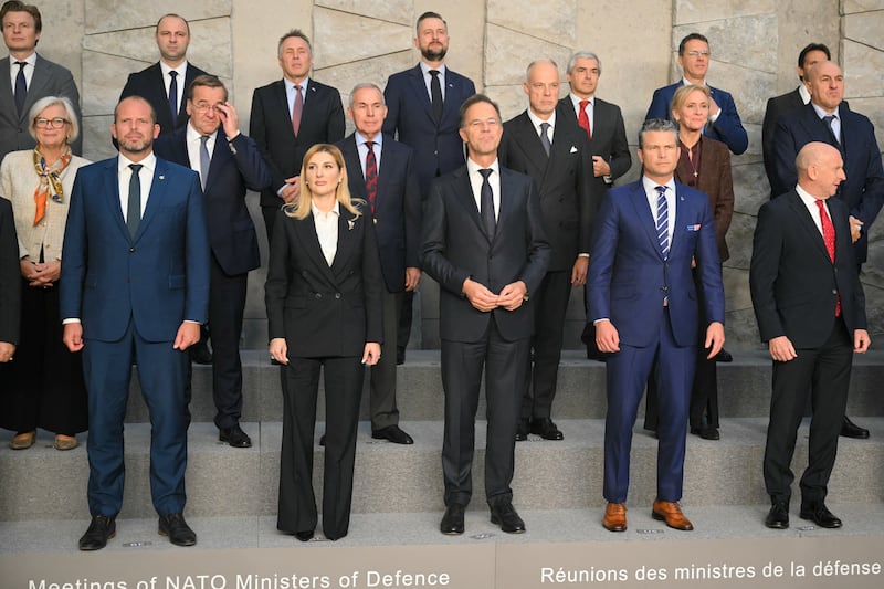 Nato secretary general Mark Rutte (centre) with US defence secretary Pete Hegseth and other officials at Nato headquarters in Brussels. Photograph: Nicolas Tucat/AFP via Getty Images