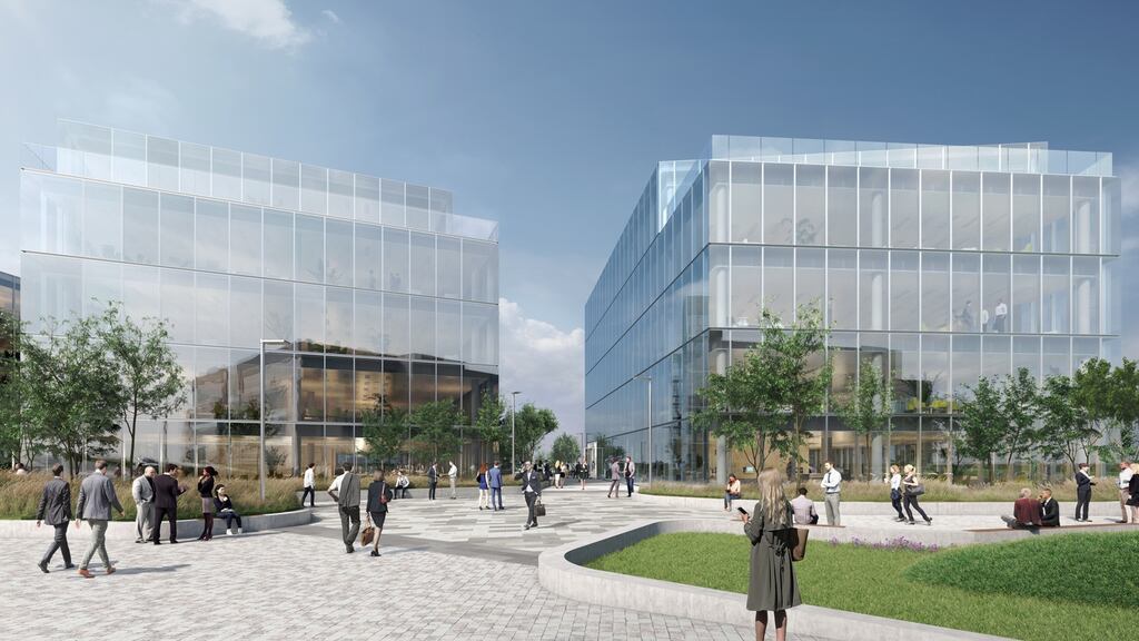 A computer-generated image of blocks F1 and F2 at Cherrywood Business Park in south Dublin