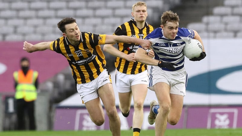 Naas’ Seán Cullen and Eoghan Nolan of Shelmaliers do battle during the AIB Leinster Club SFC semi-final at Croke Park. Photograph: Lorraine O’Sullivan/Inpho