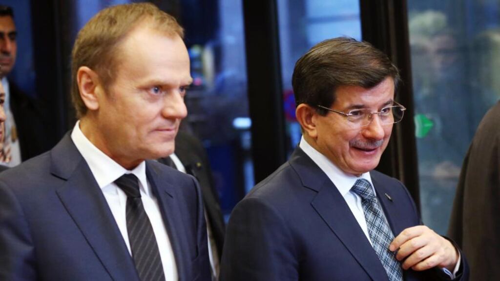 European Council president Donald Tusk (left) welcomes Turkish prime minister Ahmet Davutoglu ahead of a meeting in Brussels on January 15th. Photograph: Francois Lenoir/Reuters